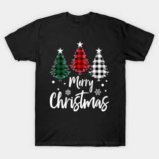 Merry Christmas Tree Xmas Buffalo Plaid Red White Green T-Shirt